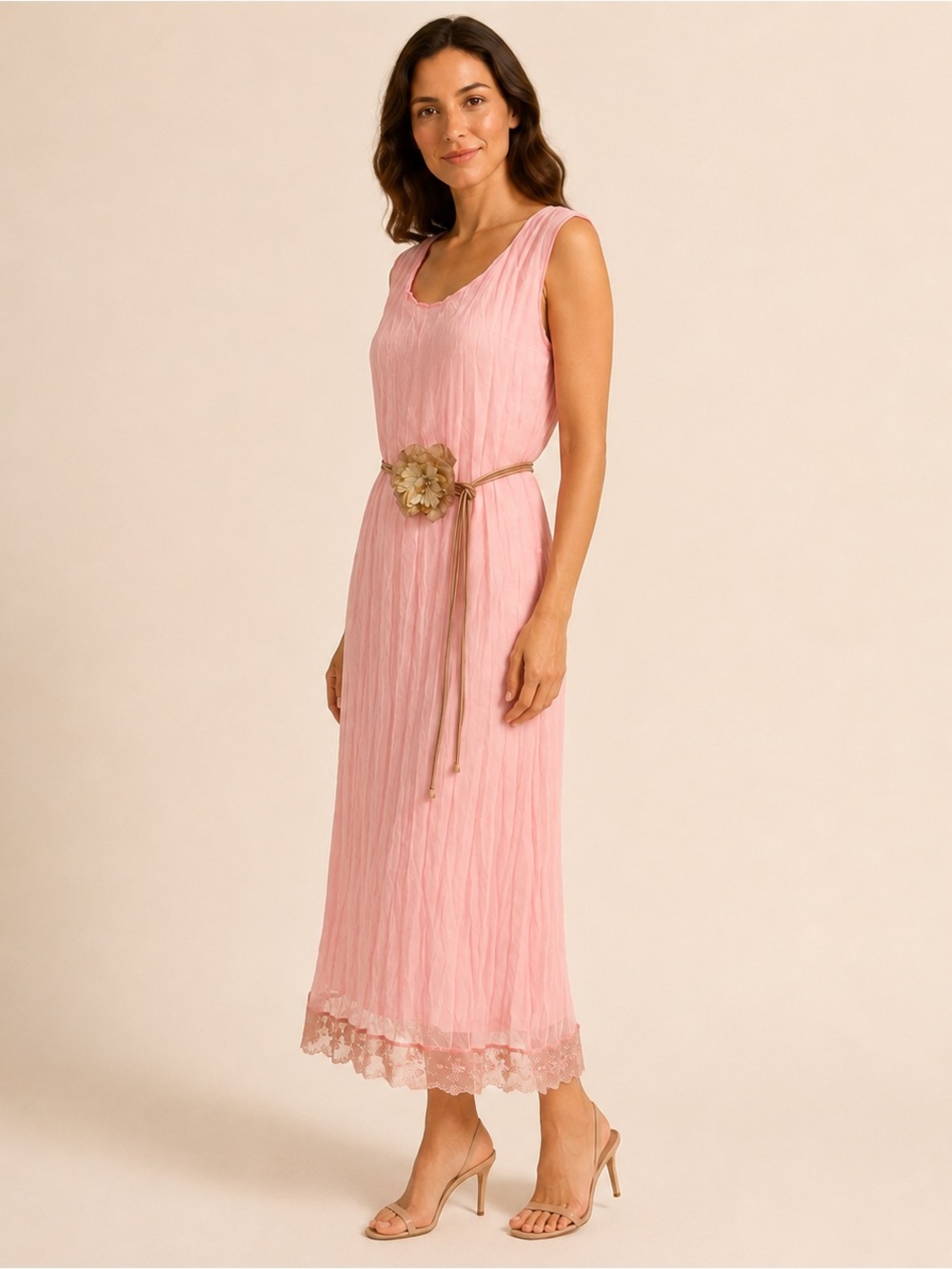 Vintage Blush Peachy Crinkle Maxi Dress Lace Hem & Floral Belt